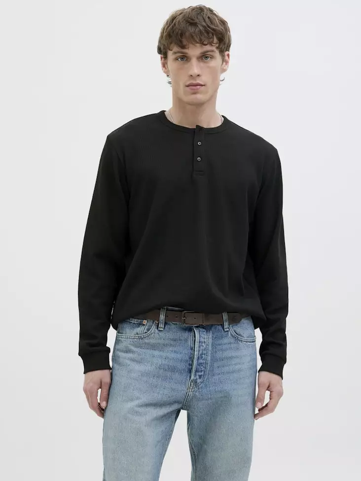 Jack&Jones Herrenhemd JJEDOVER Henley schwarz - Herren Langarmshirts - 138930 - 1