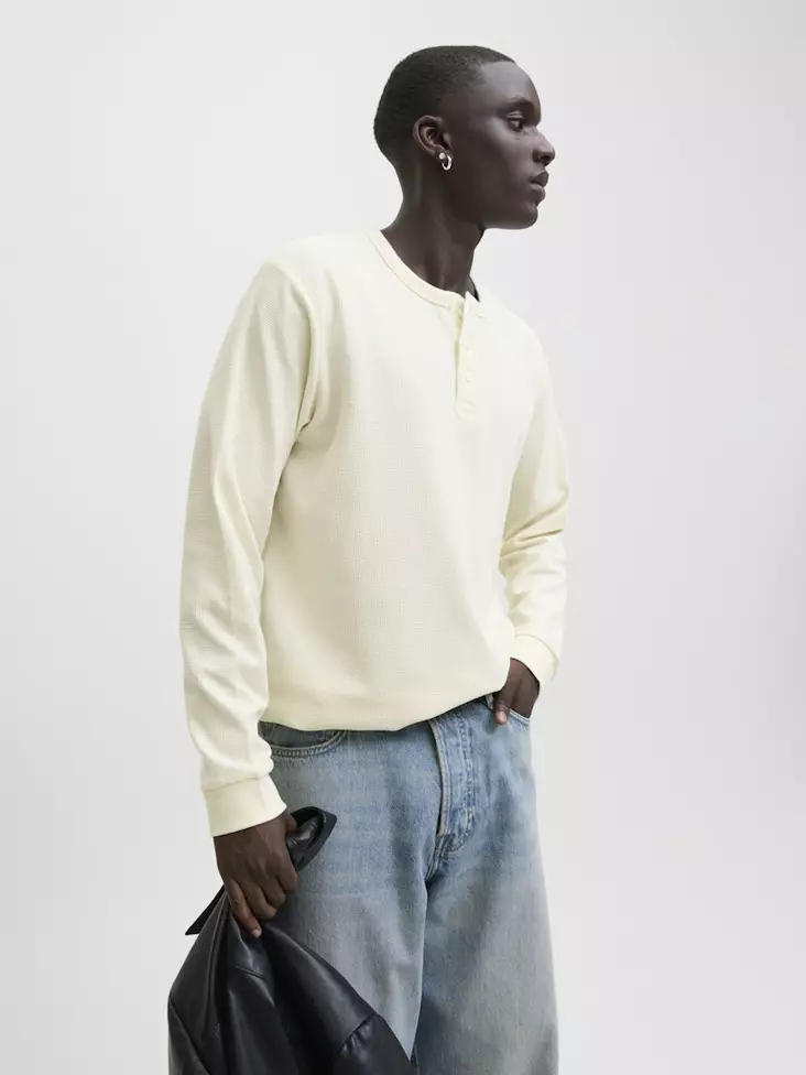 Jack&Jones Herrenhemd JJEDOVER Henley antikweiß/melange - Herren Langarmshirts - 138931 - 1