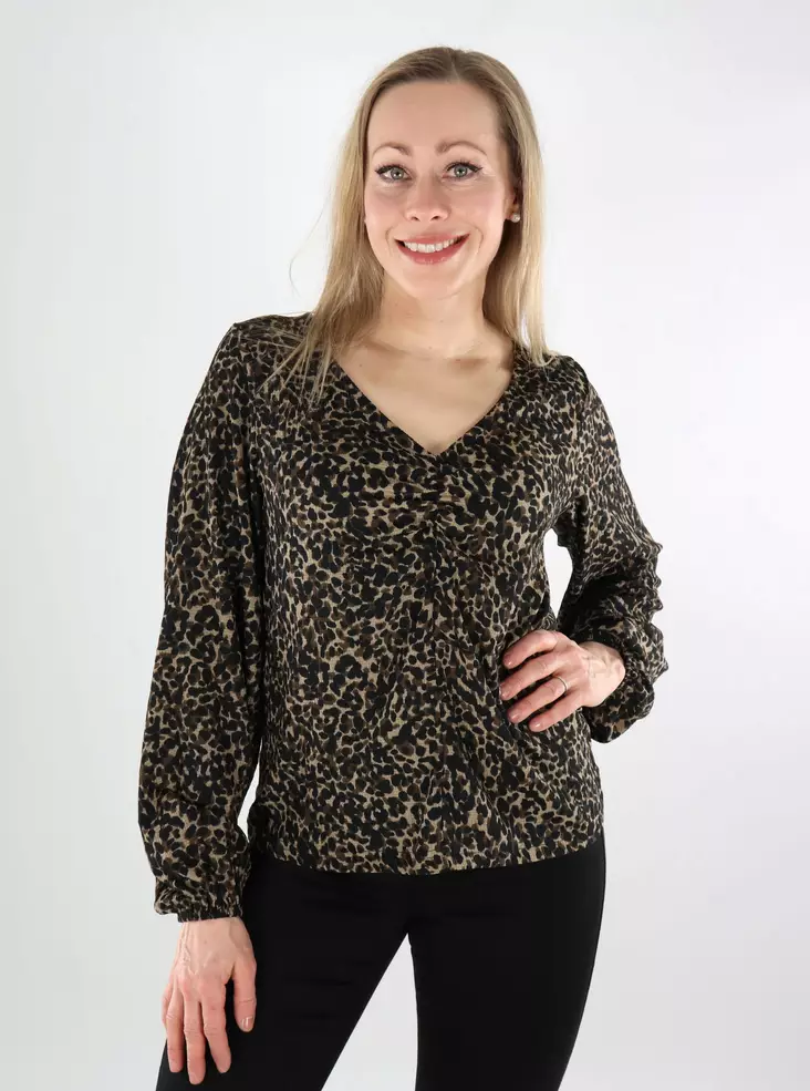 JDY Damen Stretch-Shirt mit V-Ausschnitt in Savannah Tan/Leo - Damen Langarmshirts - 137962 - 1