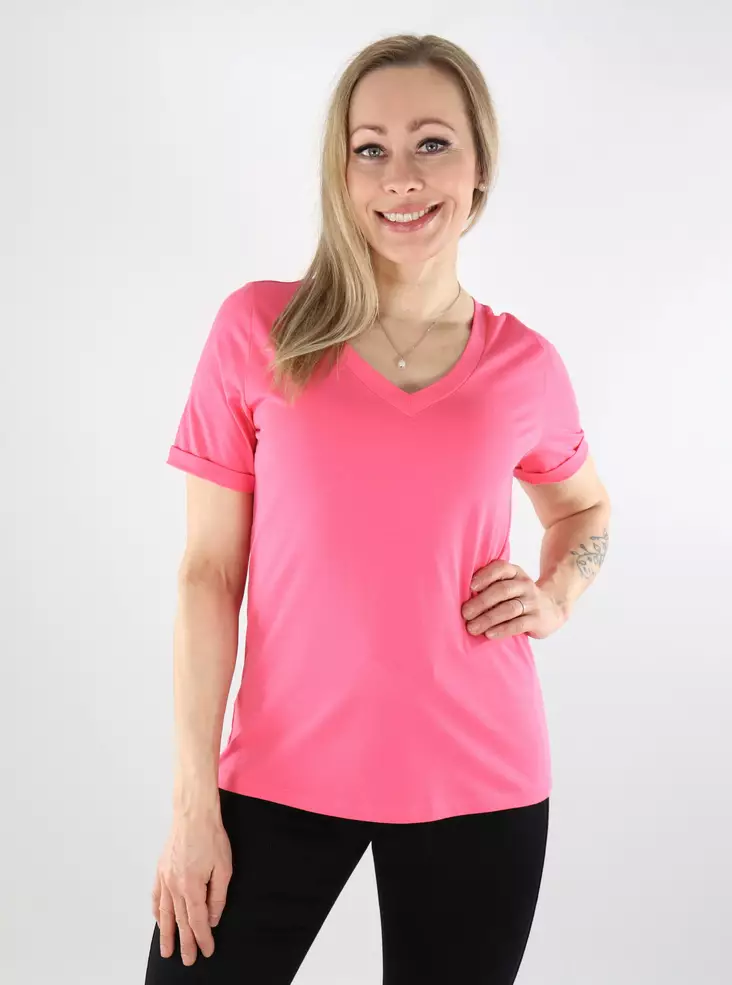 Pieces Damen T-Shirt V-Ausschnitt Unifarben Pink Lemonade - Damen T-Shirts - 137833 - 1