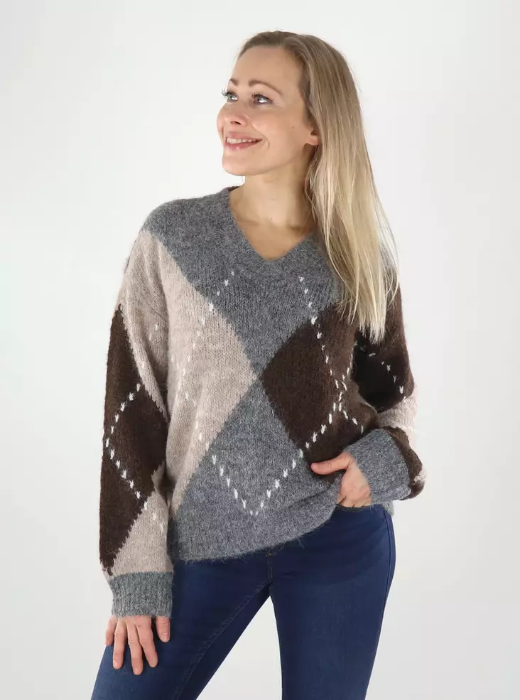 JDY Pullover JDYZOEY L/S V-AUSSCHNITT Rautenmuster mittelgrau/steinfarben - Damenpullover - 142173 - 1