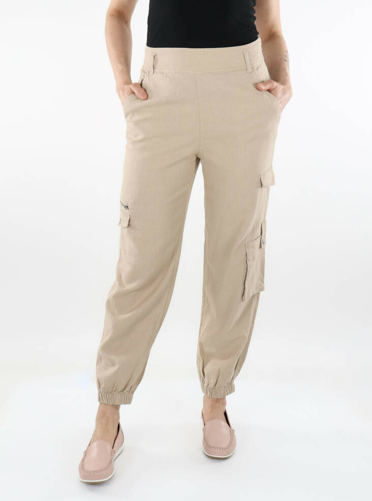 Only Frauen Oberschenkeltaschen-Hose Caro MW Leinen Oxford Tan - Damenhosen - 135964 - 1