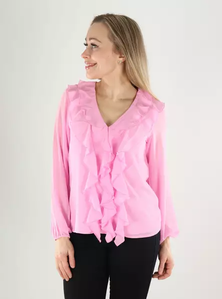 Vila Damenbluse mit V-Ausschnitt und Rüschendetails Bonbon - Damen Langarmshirts - 140286 - 1