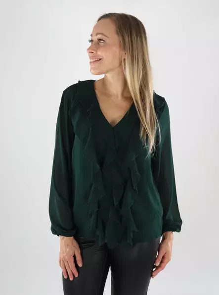 Vila Damenbluse mit V-Ausschnitt und Rüsche in Skarabäus - Damen Langarmshirts - 139037 - 1