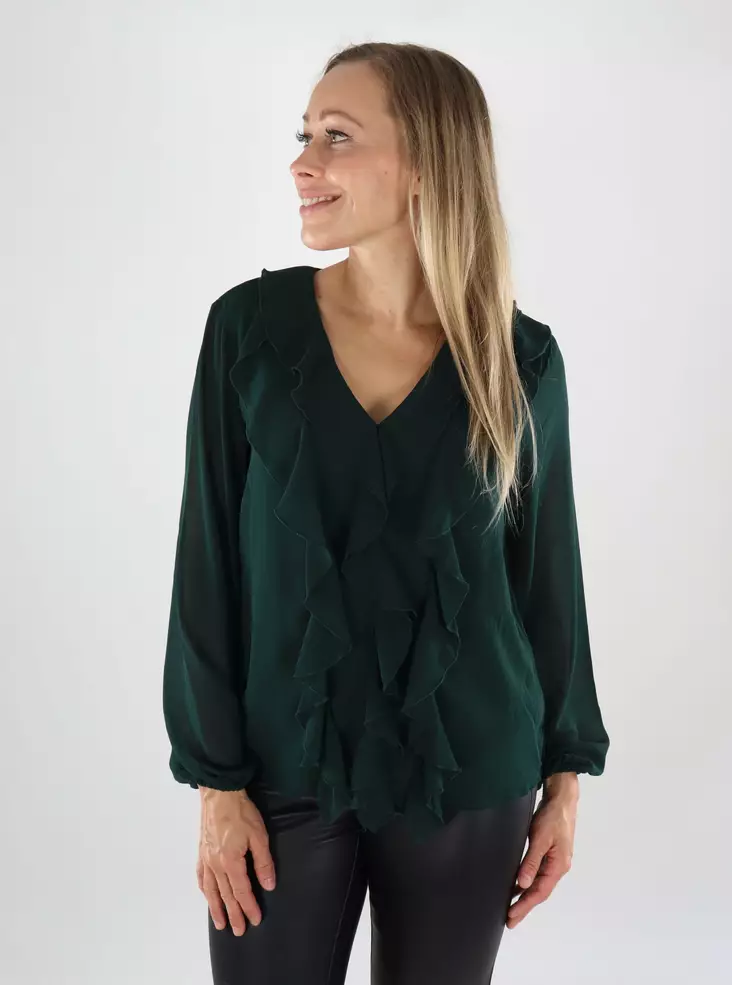 Vila Damenbluse mit V-Ausschnitt und Rüsche in Skarabäus - Damen Langarmshirts - 139037 - 1