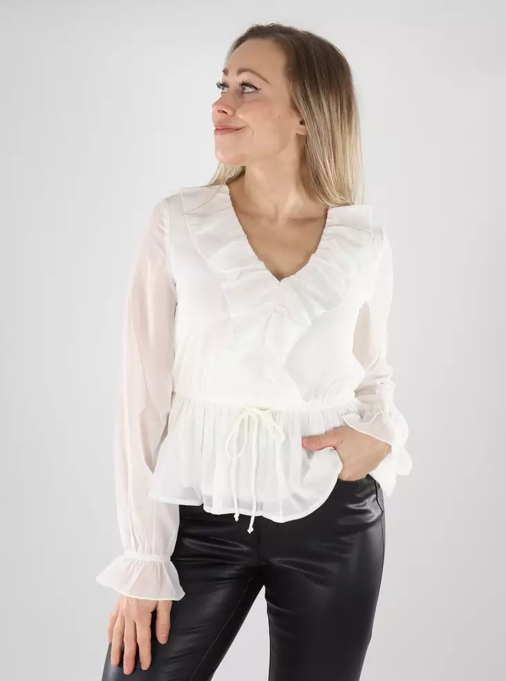 Vero Moda Shirt mit Rüsche schneeweiß - Damen Langarmshirts - 139629 - 1