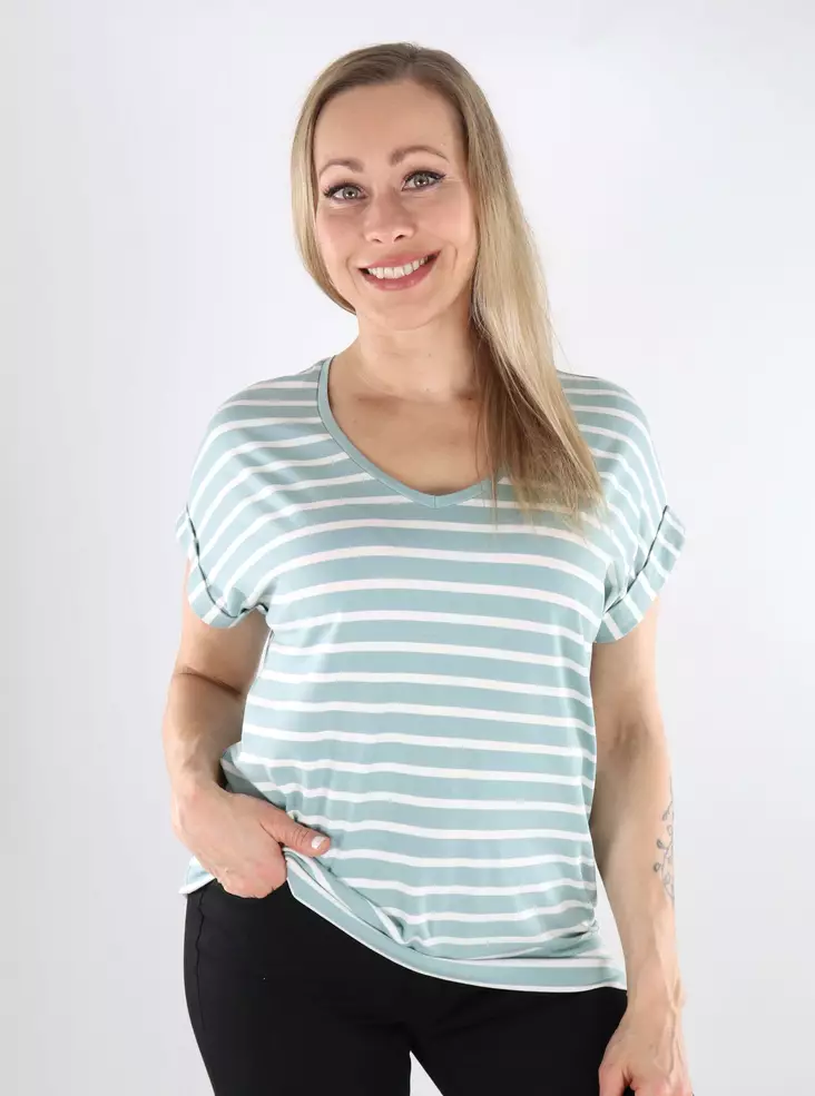 Only Damen gestreiftes T-Shirt ONLMOSTER V-Ausschnitt grau Nebel/Wolken Tänzer - Damen T-Shirts - 138339 - 1